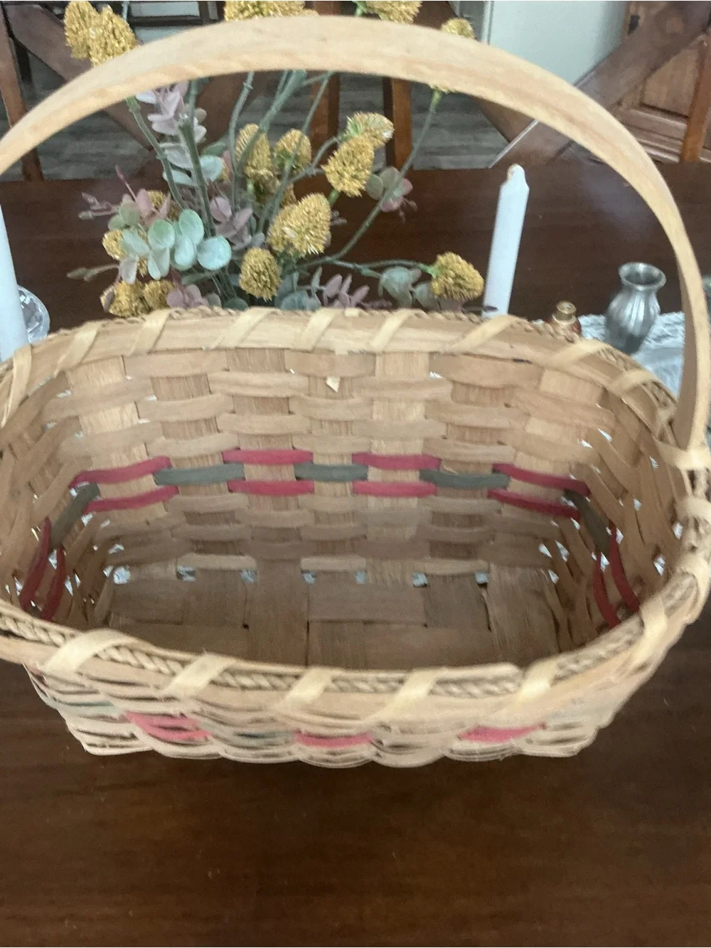 Vintage Woven Splint Market Gathering Basket Dyed Red Green Band Farmhouse Decor